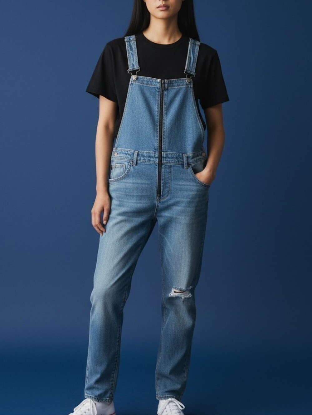 Dollhouse Denim Overalls Jeans in Medium Light Wash Zip Front w/ Pockets, 11